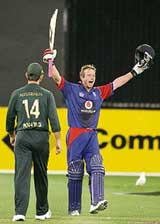 Englands Paul Collingwood celebrates on hitting the winning run as Australian captain Ricky Ponting looks on during the first tri-series final at the Melbourne Cricket Ground