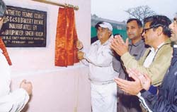 Haryana Chief Minister Bhupinder Singh Hooda inaugurating a synthetic tennis court in the Central Secretariat sports complex in the Capital