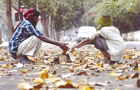 Two not-so-privileged persons try to ward off the cold by gathering whatever they can from the road to light a fire.
