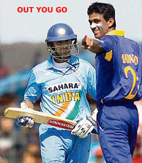 Sri Lankas Farveez Maharoof celebrates on taking the wicket of Rahul Dravid during the second one-dayer in Rajkot 