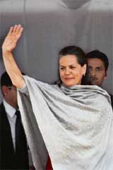 Ms Sonia Gandhi at an election rally at Churachandpur in Manipur on Monday