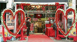 A shop decorated on Valentine’s Day awaits customers in Ludhiana on Wednesday