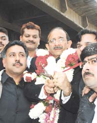 DPCC president and area MLA Ram Babu Sharma at the inauguration of the Shahdara flyover in East Delhi