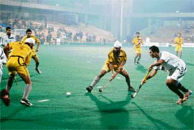 A match between Maratha Warriors and Sher-e-Jalandhar in progress during the second leg of the Premier Hockey League at the Sector 42 Hockey Stadium in Chandigarh