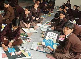 Students of Mount Carmel School, Sector 47, participate in the drawing competition organised on their school premises