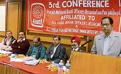 Mr S. Iyenger, general secretary of the All-India Punjab National Bank Officers Federation, addresses the general body meeting of the PNB Officers Association in Ludhiana
