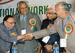 The Haryana Education Minister, Mr Phool Chand Mullana (extreme right), greets GJU, Vice-Chancellor, Dr RP Bajpai (extreme left), while KU VIce-Chancellor, Dr RP Hooda (second from left), looks on at a workshop on Industry-Institute interaction in Chandigarh