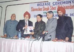 . R. Dasmunsi, Minister of Information and Broadcasting and Parliamentary Affairs, releases the biography of Urdu and Punjabi poet Shamsher Singh Sher