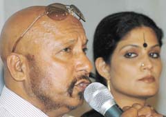 Former cricketer Syed Kirmani and danseuse Geeta Chandran, ambassadors of IndianConfe deration of NGOs, at a press conference to announce the launch of Social Justice & Action conclave in the Capital