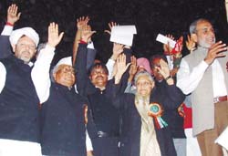 Delhi Chief Minister Sheila Dikshit, Outer Delhi MP Sajjan Kumar and others during the Dalit rally in the Capital on Thursday.