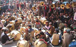 "Vajantris" (members of the traditional orchestra of hill gods) protest against non-payment of wages to them
