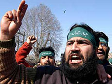 Activists of the Jammu and Kashmir Muslim League hold a protest in Srinagar on Friday to demand an end to fake killings and alleged human rights violations by the security forces in the valley.