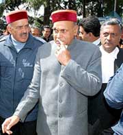 Former chief minister P.K. Dhumal outside the district courts in Shimla on Saturday. 