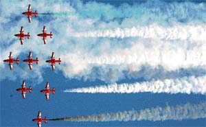 The Indian Air Forces acrobatic flying team Surya Kiran shows its prowess