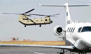 A US helicopter flies past during the sixth edition of the Aero show