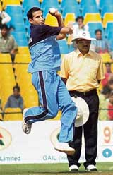 West Zones Irfan Pathan bowls during the Deodhar Trophy match against Central Zone in Ahmedabad on Sunday