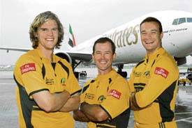 Australian cricketers Nathan Bracken (left), Ricky Ponting (centre) and Stuart Clark in the new Australian World Cup squads team uniform in Sydney on Sunday. 