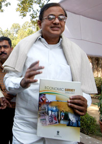 Union finance minister P Chidambaram holds the economic survey report in New Delhi 