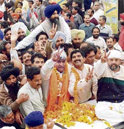 SAD-BJP candidate Raj Khurana being taken in a procession after his victory in Rajpura
