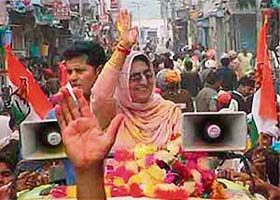 Former Deputy Chief Minister Rajinder Kaur Bhattal at a victory rally in Lehragaga