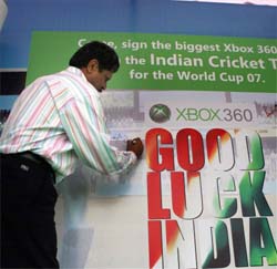 Former Team India captain Kapil Dev signs to wish good luck to the Men in Blue for the upcoming World Cup at a campaign in New Delhi on Tuesday.