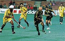 Prabhjot Singh on the way to scoring Chandigarh Dynamos third goal.