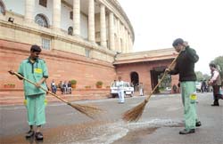It was a wet Budget day around Parliament House on Wednesday as showers in the morning had led to water getting accumulated.