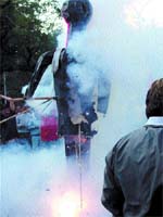 Bharatiya Mazdoor Sangh activists burning the effigy of Finance Minister P. Chidambaram in protest against the price rise in the Capital on Wednesday