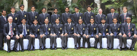 Members of the Indian cricket team along with support staff and officials in Mumbai on Wednesday prior to their departure for the West Indies to participate in the World Cup