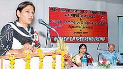 Chairperson of the Punjab State Women Commission Parminder Kaur addresses a seminar on women entrepreneurship at the DBIMSC, Mandi Gobindgarh
