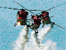 Dhruv helicopters from the IAF’s Bangalore-based Sarang helicopter display team put through their paces during the full dress rehearsal of the Presidential Fleet Review in Chandigarh