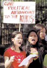 Kuki students under the banner of Kuki Students Organisation during the protest to draw the attention of the government concerning their plight in Manipur,