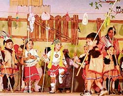 Pre-nursery kids of Pumpkin School enact nursery rhymes dressed as Red Indians at the annual function of the school in Ludhiana.