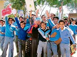 Students of Middle standard coming out of one of the centres after taking their exam in Ludhiana