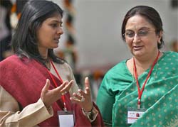 Social activist Nandita Das having a word with Neelam Katara at a function of Right Every Wrong Social Justice and Action Conclave at Satyagraha Mandap, Gandhi Darshan in the Capital on Friday