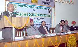 Senior associate editor of The Tribune A.J. Philip addresses a national seminar on Media: A Social Perspective at Punjabi University in Patiala on Sunday.