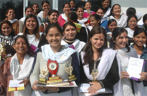 Students of BD Arya Girls College in joyous mood after being honoured at a function in Jalandhar 