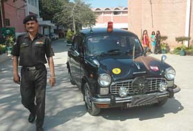 Official staff car of the DDEME 11 Corps, Brigadier Verma, ready to pick up his wife and children from Apeejay School in Jalandhar on Thursday.