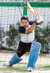 Sachin Tendulkar in action during a practice session at the Queens Park Oval in Port of Spain 