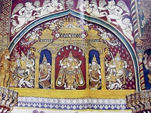 Nayaka painting, Tanjavur. Sarfojis palace, Durbar Hall. Krishna with his queens Rukmini and Satyabhama.