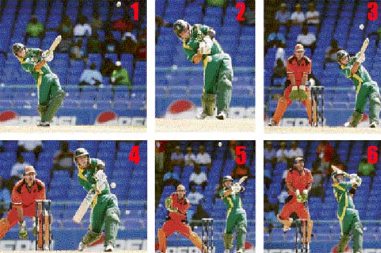 SUPER SIX: This combination image shows how South Africas Herschelle Gibbs hits six sixes off an over from Netherlands Daan van Bunge as wicketkeeper Jeroen Smits looks on during their World Cup match in Basseterre