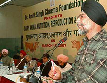 DS Bains, principal secretary, Animal Husbandry and Dairy Development, Punjab, addresses a seminar on "Dairy animal nutrition, reproduction and marketing" at Chandigarh
