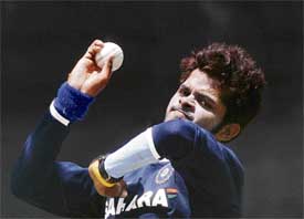 S. Sreesanth bowls during a practice session at the Queens Park Oval in Port of Spain on Sunday