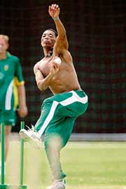South Africas Makhaya Ntini bowls during a practice session in St Kitts on Sunday. 