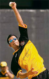 Bangladeshs Abdur Razzak bowls during a training session at the Queens Park Oval in Port of Spain 