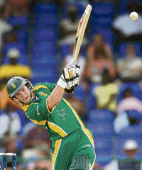 South Africas AB de Villiers plays a drive during a World Cup Group A match against Scotland in St. Kitts 