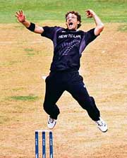 New Zealands Daniel Vettori celebrates taking a catch of Kenyas Ravindu Shah during their World Cup match at Beausejour Cricket Ground in Gros Islet on Tuesday. 