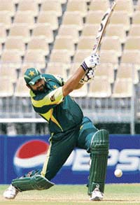 Pakistan skipper Inzamam-ul-Haq, playing in his last one-day match, hits a boundary during a World Cup Group D match against Zimbabwe in Kingston