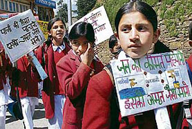 Students from different schools take out an awareness rally to mark World Water Day at Shimla on Thursday. 