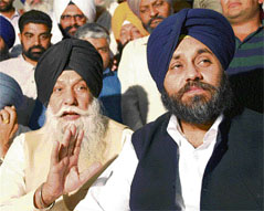 Sukhbir Badal and Capt Kanwaljit Singh talk to reporters in Rajpura on Friday.